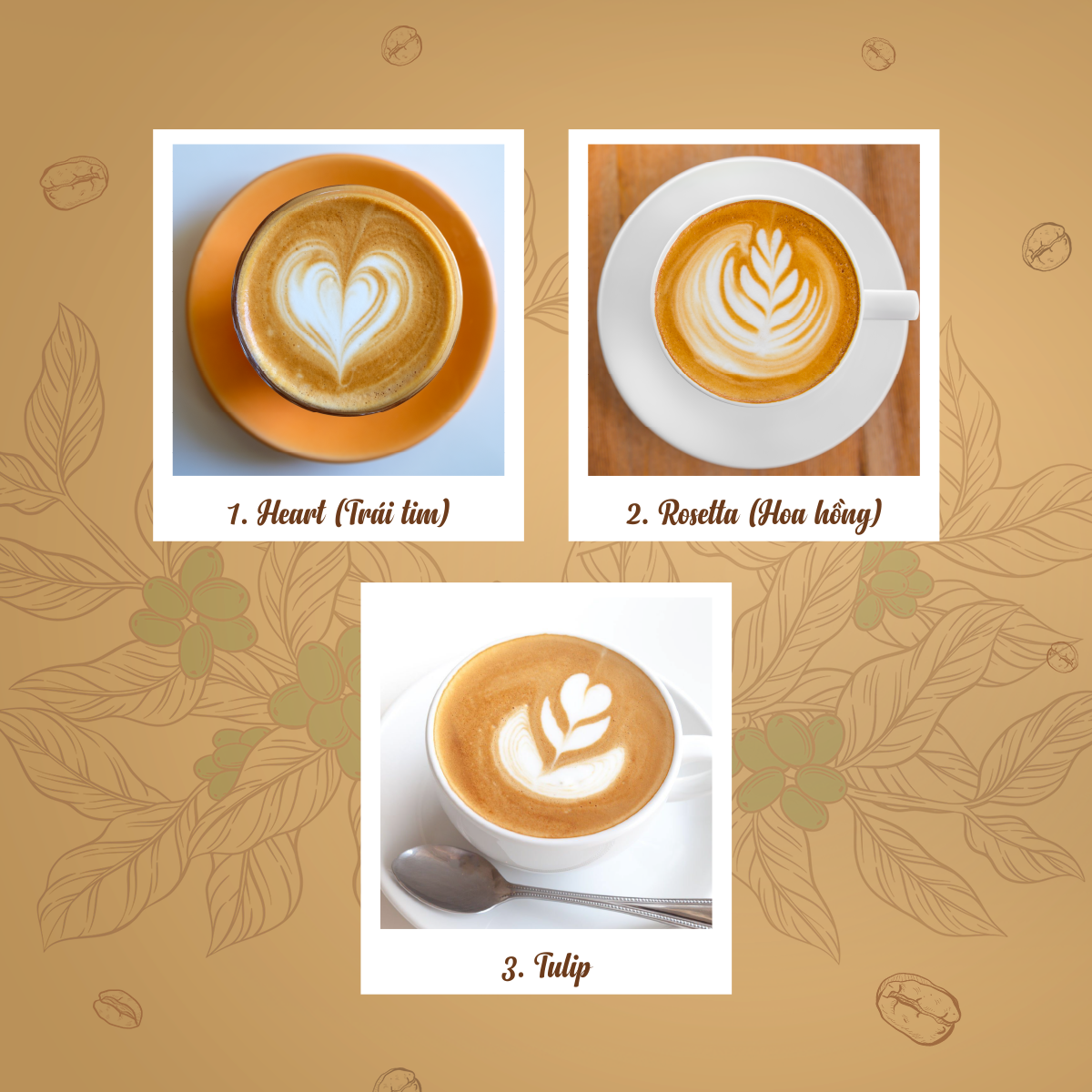 Hình ảnh minh họa cho latte art hình trái tim, hoa hồng và tulip
